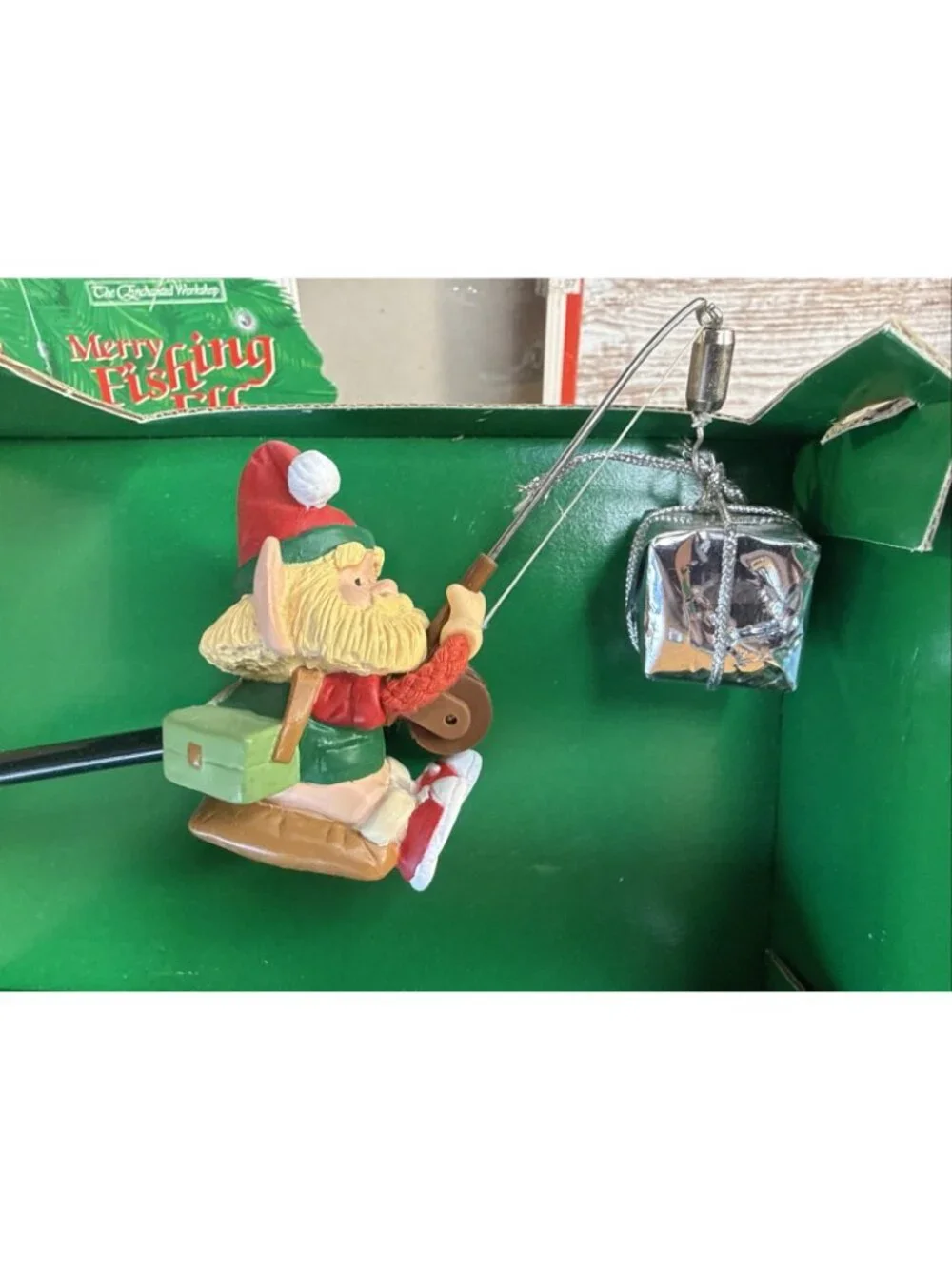 1992 Enchanted Workshop Merry Fishing Elf Animated Christmas Ornament